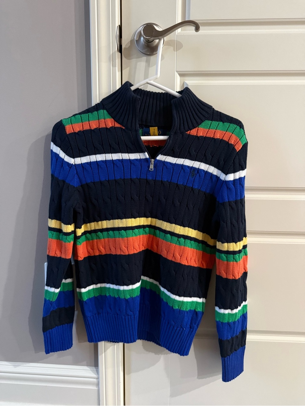 Big Boy Navy Cable-Knit Half-Zip Sweater with Multicolor Stripes size M 10/12